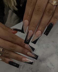 Dramatic Black Nail Designs, Black Sparkly Nails With Rhinestones, Hoco Nail Inspo Black, Fancy Black Nails Acrylic, Black Graduation Nails Ideas, Nails Inspiration For Black Dress, Black French Tip Nails Coffin Long With Diamonds, Black Cute Acrylic Nails, Black And White Birthday Nails Acrylic