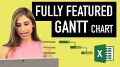 a woman holding a laptop computer in front of a yellow background with the words fully featured gant chart