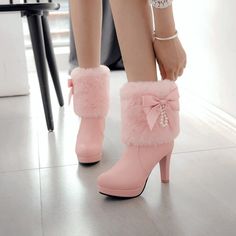 Faux Fur Thin High Heels Ankle Boots Ladies on Storenvy White High Heel Boots, High Heels Ankle Boots, Lace Ankle Boots, High Heel Stiefel, High Heeled Boots, Dr Shoes, High Heels Boots, White High Heels, Pink Boots