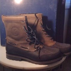 Brand New Never Worn Black And Brown Super Nice Great With Multiple Looks They Are Narrow Not For A Wider Foot Brown Leather Trim Boots With Round Toe, Brown Boots With Leather Trim And Round Toe, Rugged Brown Boots With Leather Trim, Brown Leather Trim Boots For Outdoor, Polo Ralph Lauren Shoes, Ralph Lauren Shoes, Duck Boots, Wearing Black, Polo Ralph Lauren