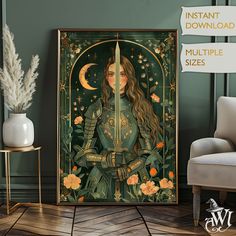 The Female Medieval Knight Tapestry Style Art Mythical Celestial Fantasy Poster is a whimsical boho magical decor piece. This digital download, featuring a vintage aesthetic, is perfect for adding a touch of fantasy to any space. ️ 🌟 𝐈𝐓𝐄𝐌 𝐃𝐄𝐓𝐀𝐈𝐋𝐒 🌟 This order is a digital download and will includes files to download after purchase YOUR ORDER WILL INCLUDE 4 DIGITAL FILES WITH DIFFERENT SIZES. THESE ARE 4 HIGH RESOLUTION IMAGES ✨ 𝐈𝐍𝐂𝐋𝐔𝐃𝐄𝐃 𝐅𝐈𝐋𝐄𝐒 ✨ A 2x3 RATIO FILE FOR PRIN Fantasy Inspired Room Decor, Vintage Fantasy Aesthetic Room, Vintage Green Room, Medieval Fantasy Decor, Art Themed Bedroom, Medevil Aesthetic Room, Fantasy Decorations, Pagan Home Decor, Dark Witch Aesthetic Bedroom