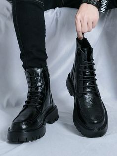 Men's Leather Boots, Pointed Toe, British Style High-Top Boots Black         Men Shoes, size features are:Bust: ,Length: ,Sleeve Length: Men’s Dress Shoes, Gothic High-top Combat Boots For Streetwear, Combat Boots For Men Long, Black High-top Techwear Work Boots, Men’s Combat Boots, Durable Black Techwear Boots, Black Wear-resistant Techwear Boots, Mens Formal Boots, Male Boots