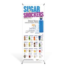 the sugar shockers sign is displayed on a white background with drinks and beverages in it