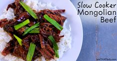 slow cooker beef on white rice with green onions