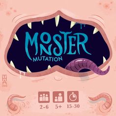 the poster for monster mutation is shown in blue and pink colors with large teeth