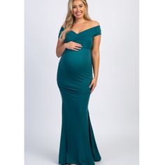 Pinkblush Exclusive! A Solid Maternity Photoshoot Gown Featuring An Off Shoulder Elastic Neckline With A Wrap Front Style, Mermaid Style Skirt With Form-Fitting Ruched Sides, Cinching Under The Bust, And A Hi-Low Hemline With A Slight Train. Color Is Teal. Excellent Condition/New Without Tags. Bulk Buy Out From Company. Tag Is Cut Out To Prevent Returns To The Company. Elegant Maternity Gown With V-neck, Elegant Green Maternity Dress, Elegant Maternity V-neck Gown, Elegant Fitted Green Maternity Dress, Fitted Floor-length Bridesmaid Maternity Dress, Elegant Maternity Mermaid Dress, Fitted V-neck Maternity Bridesmaid Dress, Formal Fitted Maxi Maternity Dress, Elegant Maternity Mermaid Dress With Mermaid Hem