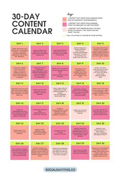 the 30 day content calendar is shown in pink, green and yellow with words on it