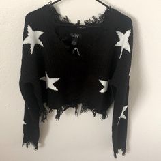 Nwot. Soft, Lightweight Material. Black Sweater With Large White Star Pattern. Unfinished Hem. Offers Welcome :) Black Crochet Sweater, Star Clothing, Black And White Stars, Distressed Sweaters, Star Sweater, Sweater Crop, White Star, Print Sweater, Crop Sweater