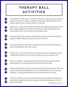 a blue and white poster with the words therapy ball activities on it's side