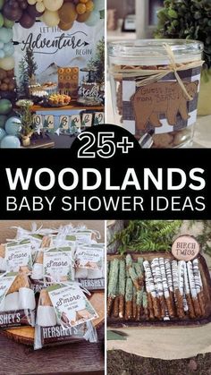 several pictures of baby shower items with the words 25 + woodland baby shower ideas on them