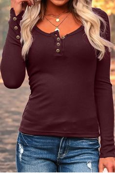 Scoop Neck Button Closure Ribbed Long Sleeve Top Buttoned Tops For Winter, Ribbed Long Sleeve Top, Perfect Curves, Tops Long Sleeve, Button Front Top, Ribbed Knit Top, Top Women, Club Dresses, Women Tops