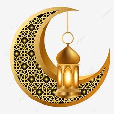 a golden crescent with a lantern hanging from it's side, moon, islamic, arabic png and psd