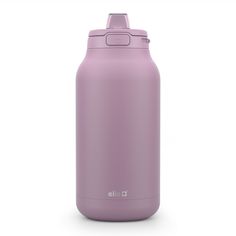 a purple stainless steel water bottle on a white background with clippings to the side