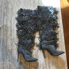 Grey Fringe Over The Knee Heel Boots Never Worn Jeffery Campbell Boots, Crystal Belt, Chic Leather, Fringe Boots, Jeffrey Campbell Shoes, Hot Shoes, Heel Boots, Jeffrey Campbell, Over The Knee Boots