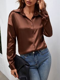 Coffee Brown Elegant  Long Sleeve Satin Plain Shirt  Non-Stretch Spring/Fall Women Tops, Blouses & Tee Satin Blouse Outfit Jeans, Satin Shirts, Satin Bluse, Drop Shoulder Shirt, 50 Style, Satin Blouses, Elegant Blouses, Satin Shirt