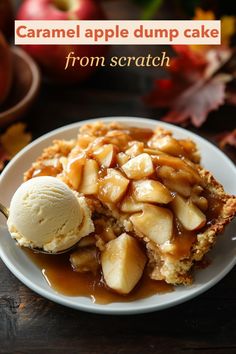 caramel apple dump cake from scratch on a white plate with an ice cream scoop