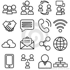 the icons for social networking and communication are shown in black and white, as well as an