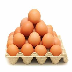 an egg carton filled with brown eggs on a white background, in the shape of a pyramid