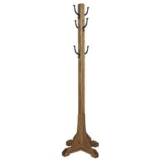 a wooden coat rack with three coats hanging from it's sides and two hooks on the top