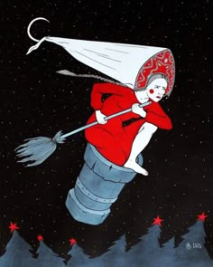 a painting of a woman flying through the air with a broom on her head and stars in the background