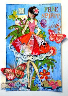 a woman in a dress with butterflies on her head and the words free spirit above it