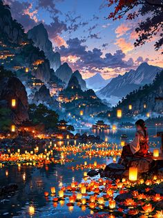 two people sitting on a rock in the water surrounded by floating lanterns at night time