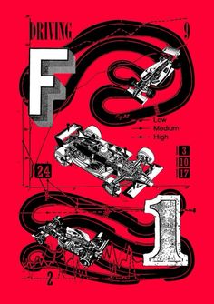 a red poster with an image of a racing car and the number one on it