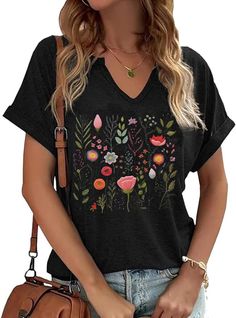 PRICES MAY VARY. Womens Boho Flower T Shirt;V Neck Flower Shirt;Vintage Flowers Printed Shirt;Floral Graphic Tee;Wildflower T-shirt Features: Cotton Blend. High quality, light weight, lasting durability, fabric soft and comfortable, V Neck Graphic Tee. Occasion: This shirt is versatile and can be worn for casual outings, streetwear, office attire, home wear, school, daily wear, vacations, and special holidays such as Mothers Day and Summer. Can Match Wih Kinds Of Bottoms Like Shorts, Jeans, Loos Streetwear Office, Casual Cottagecore, Neck Flower, Flower Print Shirt, Vintage Flower Prints, V Neck Shirt, Cute Graphic Tees, Floral Graphic, Boho Shirts