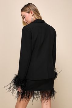 Arrive with a look that will always get you to the top of the VIP list in the Lulus Upscale Vision Black Feather Blazer! Sleek woven fabric shapes this sensational blazer with a shawl-collared neckline framed by long sleeves with lightly padded shoulders and flirty feather-trimmed cuffs. The boxy bodice features a functional, embossed gold button and two functional flap pockets. Pair with the matching skirt for a complete look! Fit: This garment fits true to size. Length: Size medium measures 25 Shawl Collar Blazer, Lulu Fashion, Black Feathers, Black Blazer, Party Looks, Gold Buttons, Shawl Collar, Cocktail Party, Woven Fabric