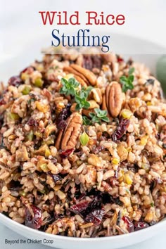 wild rice stuffing in a white bowl with pecans and cranberries on top