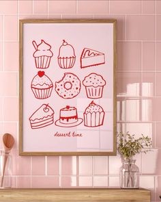 a pink wall with a framed print of different types of cakes and pastries on it