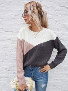 Multicolor Casual  Long Sleeve Acrylic Colorblock Pullovers  Slight Stretch Spring/Fall Women Knitwear Colorblock Sweater, Drop Shoulder Sweater, Women Sweaters, Drop Shoulder Sweaters, Color Block Sweater, Universal Thread, Trendy Fashion Women, Sleeves Pattern, Shoulder Sweater