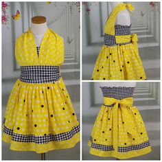 "Boutique 50s Style Vintage Retro Halter Dress Perfect Dress for a 50s Photo Shoot, Day at a 50s Diner or Halloween Costume Dress is done in Yellow with Small white Flowers and Dots Accented with Black and White Gingham Checks Sizes Available: Baby, Girls 2T - 8 up to Tweens 15/16 This style dress can be made in your choice of fabric-contact me. Handmade Made USA by me! Dress Pictured is Size 7 All sizes will be Hand Made upon ordering Please order this dress based on Chest Measurement and Lengt Christmas Pageant Wear, 50s Outfit, Rockabilly Girls, Girls Western Dresses, Red Green Dress, Create Kids Couture, 50s Diner, Pageant Wear, 50s Outfits