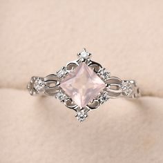 Rose Quartz Engagement Ring Vintage, Pink Square Cut Jewelry For Wedding, Elegant Pink Square Cut Jewelry, Elegant Pink Square-cut Jewelry, Silver Morganite Jewelry For Wedding, Rose Quartz Ring Silver, Rose Quartz Wedding Jewelry, Elegant Rose Quartz Crystal Ring For Anniversary, Dainty Rose Quartz Wedding Jewelry