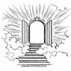 an open door with stairs leading up to the sky and clouds in the foreground