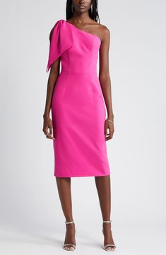 An elegant one-shoulder neckline and figure-hugging silhouette style a sophisticated midi dress with two panels that cascade over the single shoulder. 44" length (size Medium) One-shoulder neck Sleeveless Lined 97% polyester, 3% spandex Dry clean or machine wash, line dry Imported Pink Fitted One-shoulder Midi Dress, Pink Fitted Knee-length One Shoulder Dress, Fitted Knee-length Pink One Shoulder Dress, Off-shoulder Midi Dress For Wedding Guest, Pink One-shoulder Dress With Asymmetrical Neckline For Gala, Pink One Shoulder Dress With Asymmetrical Neckline For Gala, One Shoulder Midi Dress For Wedding Guest, Midi-length One Shoulder Dress For Wedding Guest, Pink One Shoulder Midi Dress For Formal Occasions