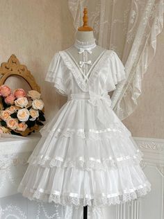 ❤︎ Stand neck Frilly Esp❤︎ Retro Summer Dress, Harajuku Dress, Ruffle Flower, Op Dress, Wedding Dresses With Flowers, Y2k Dress, Frill Dress, Sweet Lolita, Lace Bows