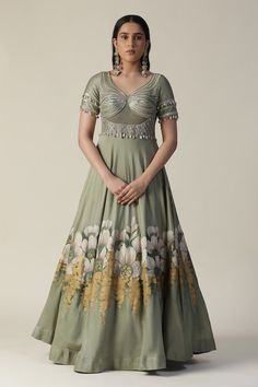 Green anarkali featuring handpainted floral motifs, cut-out bodice embellished by sequins and shell tassels. - Aza Fashions Anarkali Patterns, Indo Western Dresses For Women, Green Anarkali, Gown With Dupatta, Pista Green, Indo Western Dress, Anarkali Gown, Dupatta Set, Green Hand