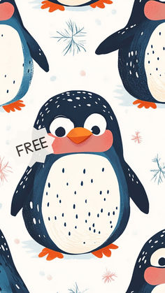 a penguin with a free sign on it's nose is surrounded by snowflakes