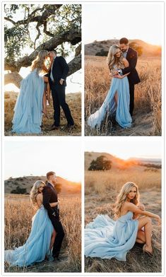 a couple is posing for pictures in the field with their arms around each other and kissing