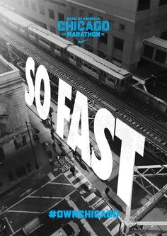 an aerial view of the chicago marathon sign and train tracks in black and white with text that reads so fast