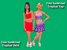 two women in matching outfits with the caption calo sunked tropical top on