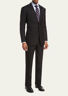 "Find BRIONI Essential Virgin Wool Two-piece Suit on Editorialist. Brioni \"Essential\" twopiece suit. Notch lapel; twobutton front. Lightly padded natural shoulder. Basted sleeves. Welt pocket at chest. Flap pockets at hips. Doublevented back. Includes matching flatfront trousers with straight leg. Unfinished hem to be tailored to desired length. Virgin wool; rayon lining; dry clean. Handmade in Italy." Grey Wool Suit, Brioni Men, Pieces Men, Tuxedo Suit, Hem Style, Wool Suit, Welt Pocket, Mens Suits, Two Pieces