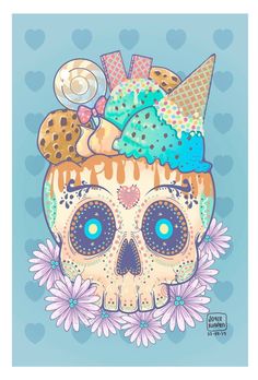 a skull with ice cream and cookies on it's head, surrounded by flowers