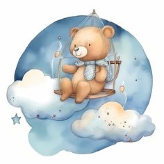 a brown teddy bear sitting on top of a blue birdcage in the sky