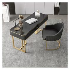 a black and gold desk with two chairs next to it on a carpeted floor