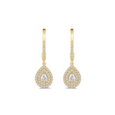 Enhance a special occasion outfit with the intriguing flair of these diamond drop earrings. Each earring features a faceted pear diamond sitting front and center, and framed by two halos of petite round diamonds. The elongated hoop with a lever-back closure also has its front face outlined with more diamonds. Wear your hair in an updo to showcase the beautiful sparkle of these earrings. Luxury Teardrop Diamond Earrings With Halo Design, Luxury Pear-shaped Halo Diamond Earrings, Elegant Halo Design Drop Diamond Earrings, Elegant Teardrop Earrings With Halo Design For Anniversary, Formal Teardrop Halo Bridal Earrings, Pear-shaped Halo Diamond Earrings For Formal Occasions, Yellow Gold Halo Teardrop Earrings, Teardrop Halo Bridal Earrings For Formal Occasions, Pear-shaped Diamond Earrings With Halo Setting For Formal Events