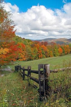 a wooden fence in the middle of a field surrounded by trees with fall foliages