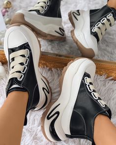 Size: 35,36,37,38,39; Style:Casual Type:Sneakers Material:PU Pattern Type:Contrast Paneled Decoration:Lace-up Occasion:Daily Toe:Round Toe Heel Height:Flat Package Include:1*Sneakers Black Chunky Lace-up Sneakers For Spring, Thick Bottom Canvas Shoes With Round Toe For Streetwear, Round Toe Canvas Shoes With Thick Bottom For Streetwear, Trendy Lace-up Wedge Sneakers With White Sole, Casual Black Slip-on Sneakers With Contrast Sole, Thick Sole Canvas Shoes For Streetwear, Thick Bottom Slip-on Sneakers For Streetwear, Trendy Lace-up Wedge Sneakers With Rubber Sole, Trendy Canvas Shoes With Contrast Sole And Round Toe