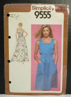 a sewing pattern for a women's dress with straps and pockets, from the 1970s